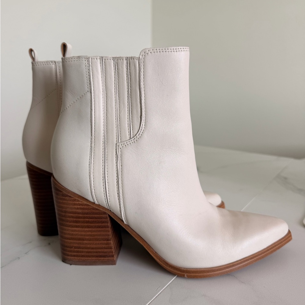 Marc Fisher Cream Leather Block Heel Ankle Boots